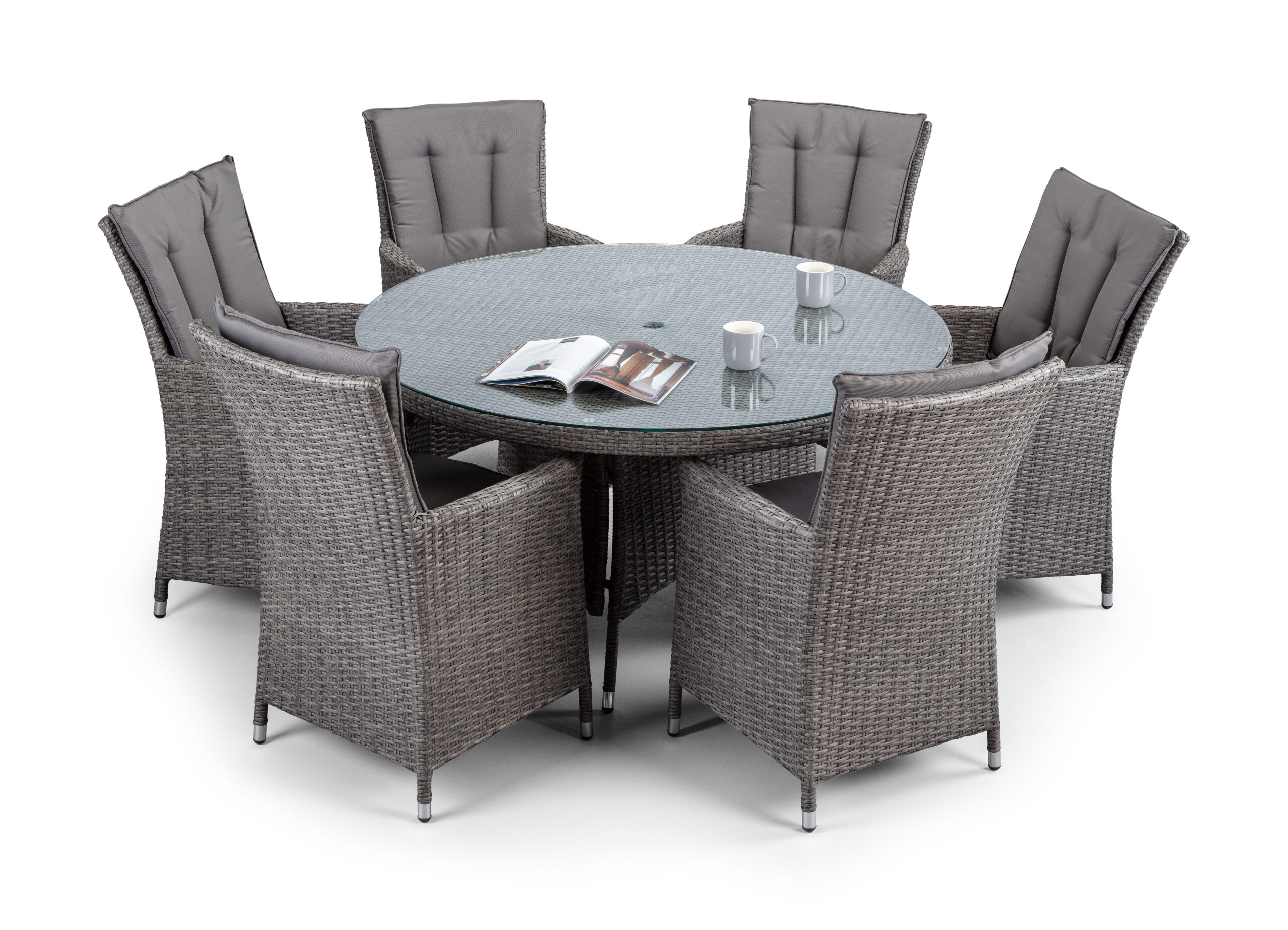 Malta Round 6 Seater Grey Rattan Dining Table And Chair Set With